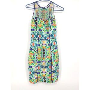 Milly of New York Sleeveless Sheath Dress Multi Color Abstract Mesh Yoke Size 2